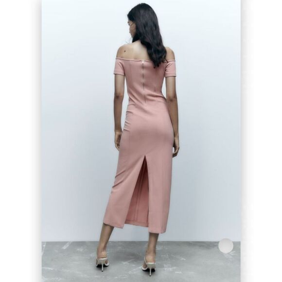 Zara Top Stitched Pale Pink Off The Shoulder Midi Dress US XS BNWT - Picture 7 of 11